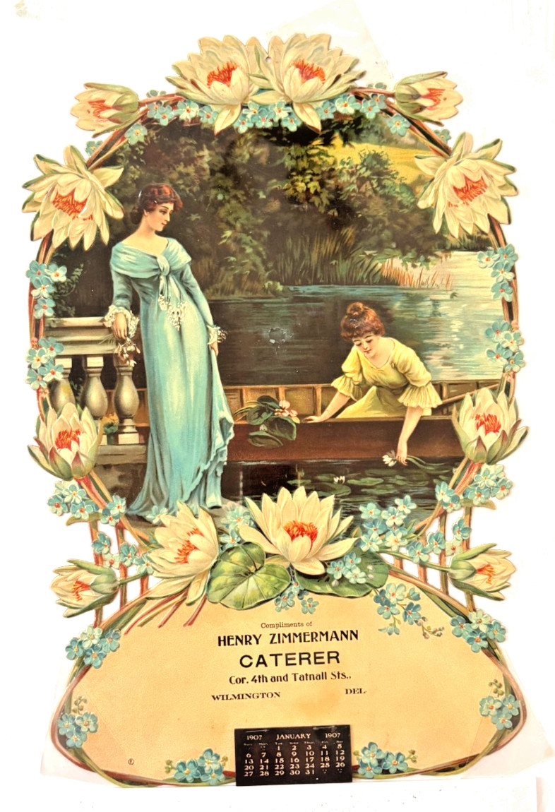 Gorgeous 1907 Large Die Cut Advertising Calendar w/ Lovely Water Lilies *