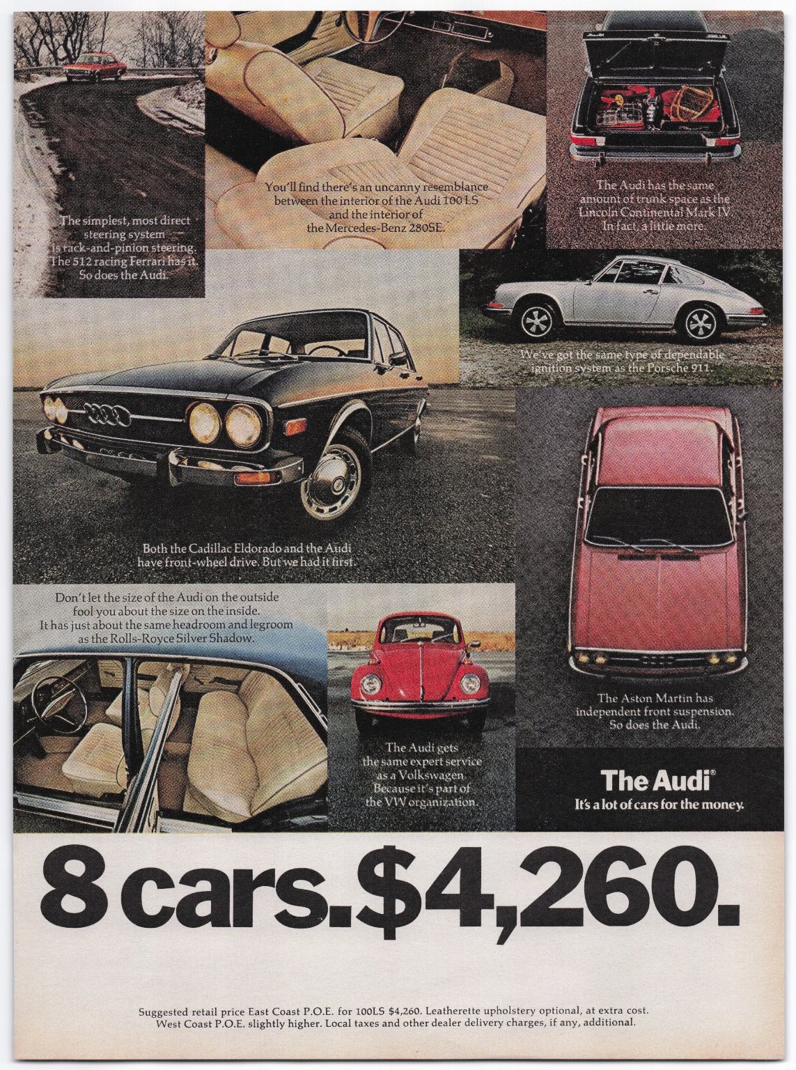 Vintage Audi 100LS Automobile Ad 1970s “8 cars. $4,260.” Photorealism
