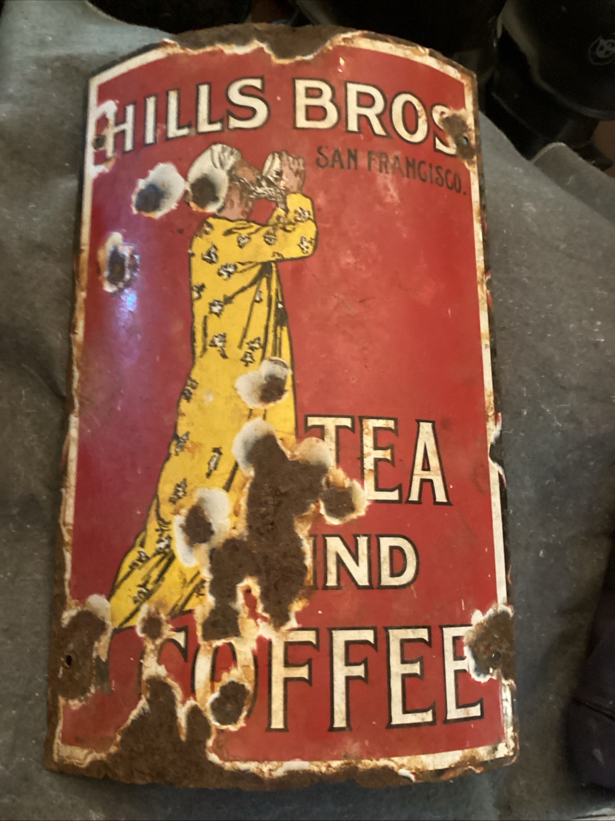 ANTIQUE USA HILLS BROS SAN FRANCISCO PORCELAIN COFFEE TEA CUP CAFE SHOP ART SIGN
