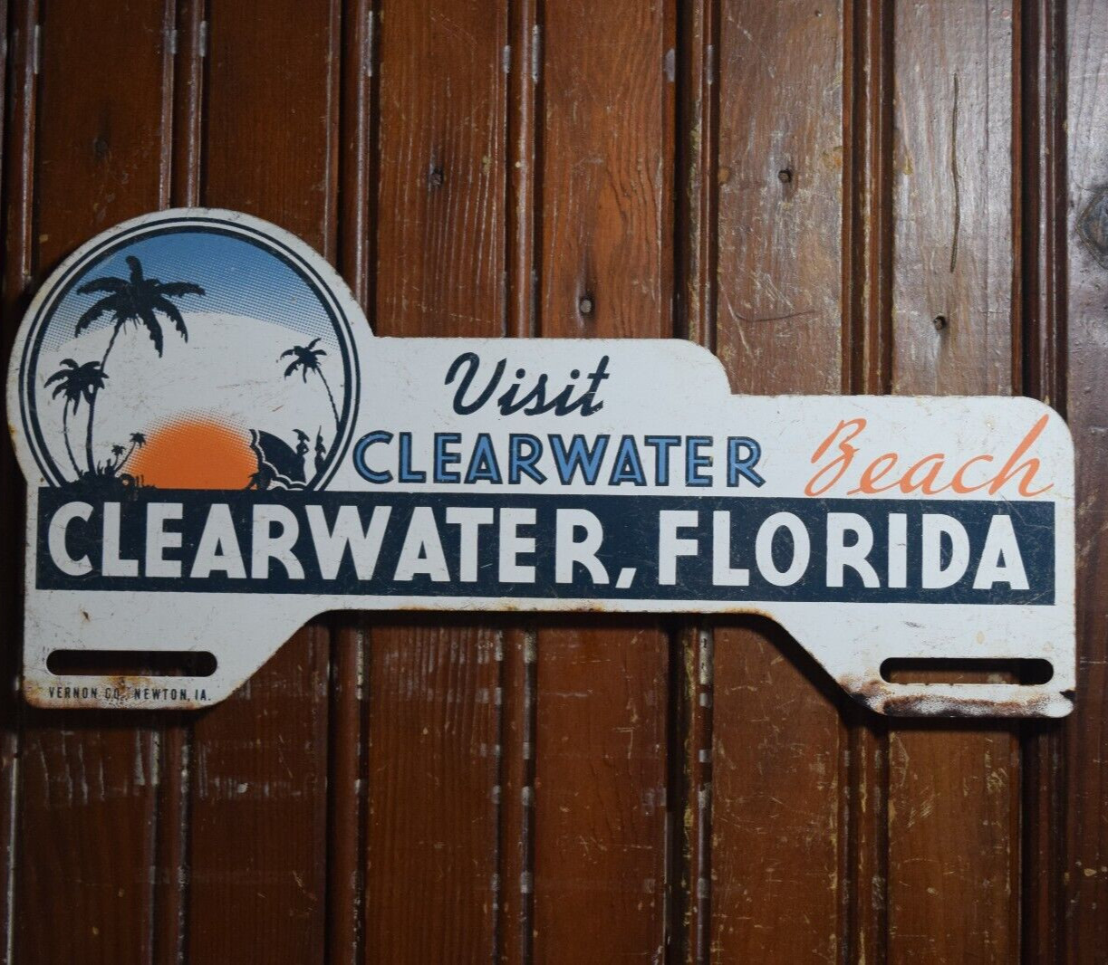 CLEARWATER BEACH FLORIDA TOPPER SIGN CAR GAS PALM TREE PAINTED METAL CIRCA 1950s