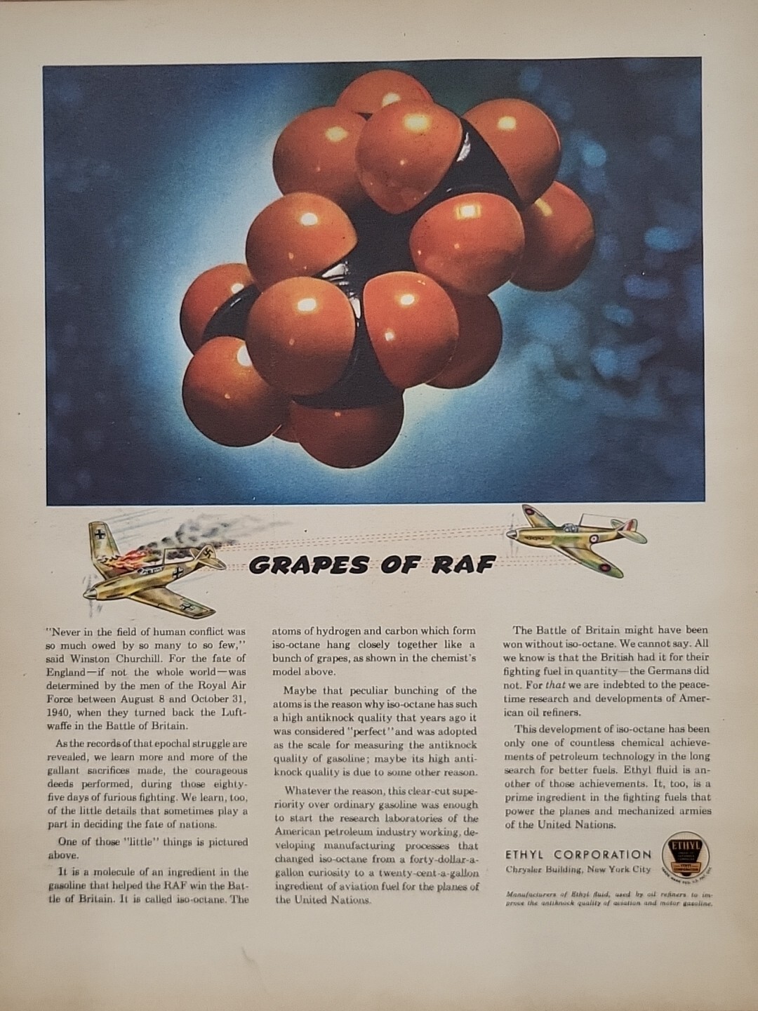 1942 Ethyl Corporation Fortune WW2 Print Ad Q4 “Grapes of RAF” Royal Air Force