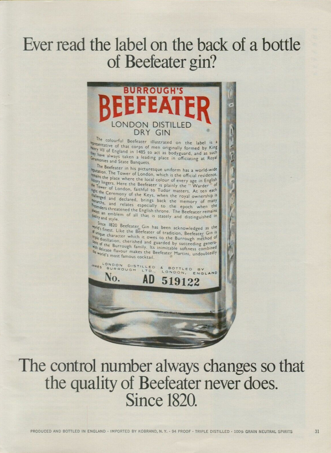 1967 Beefeater Gin Read the Label on the Back of the Bottle VINTAGE PRINT AD
