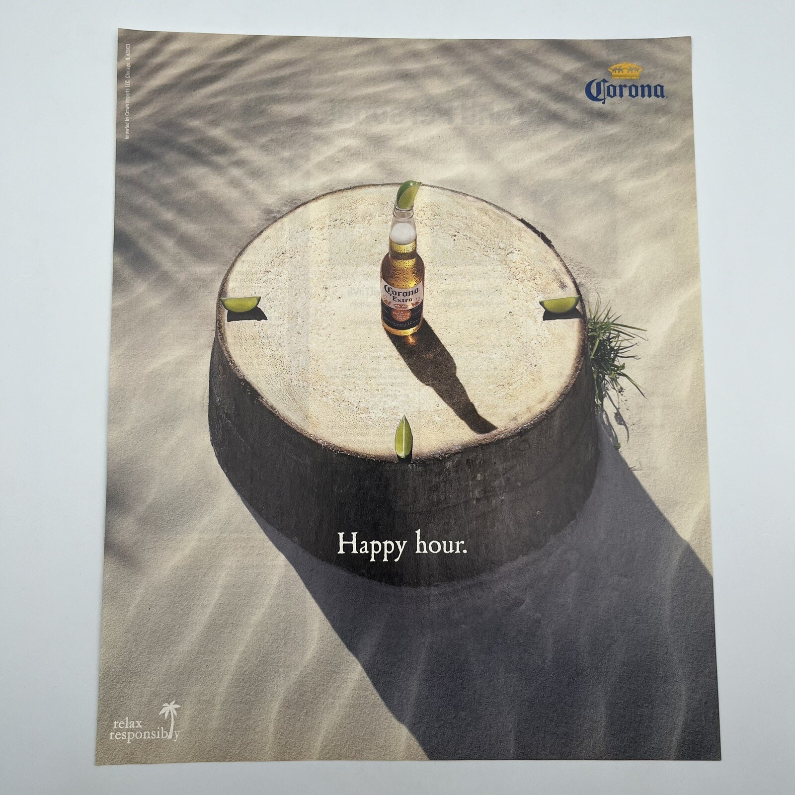 Corona Beer 2008 Print Ad 9″x11″ happy hour palm tree stump white sand beach