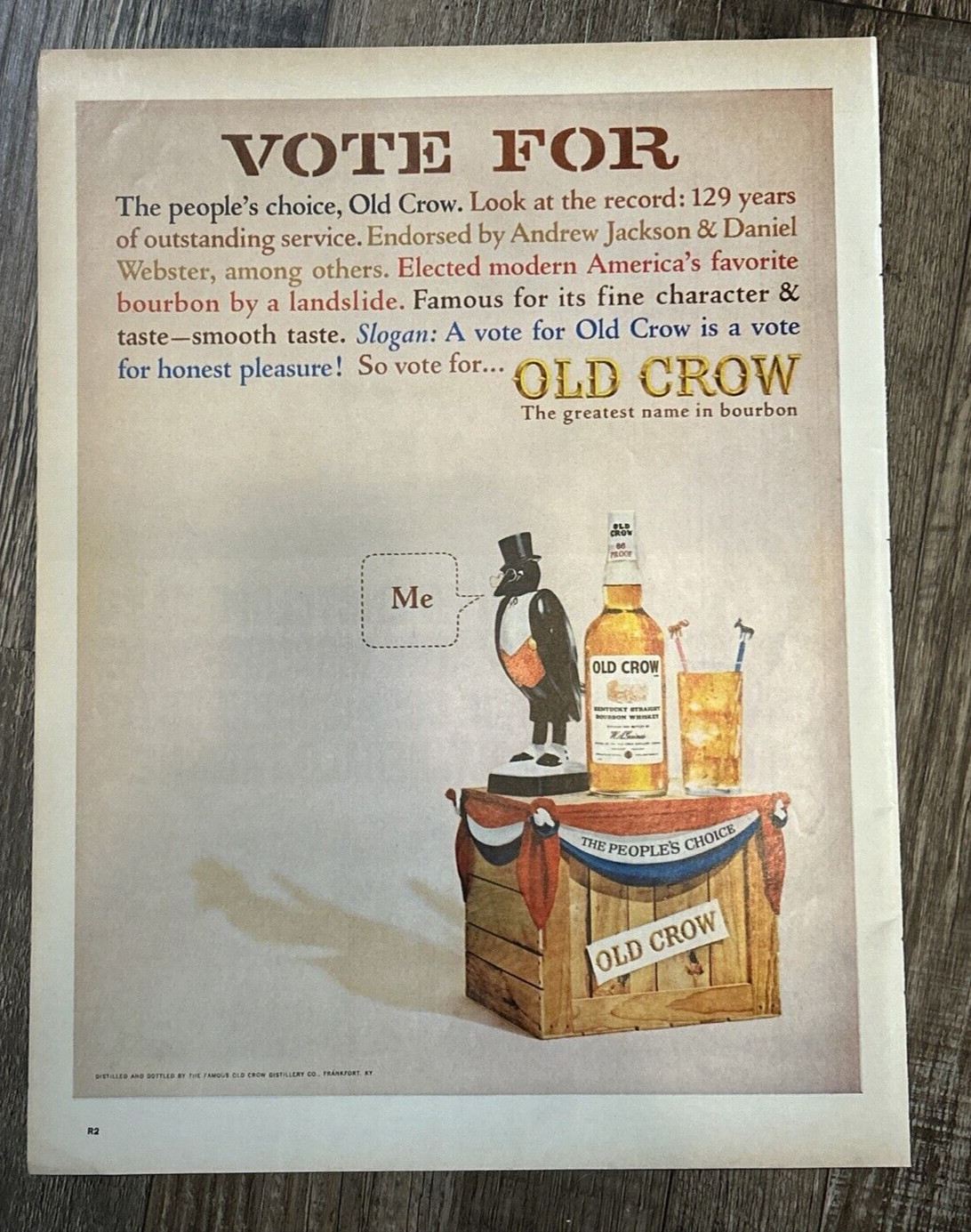 1965 Old Crow Bourbon Color Page Ad Advertisement