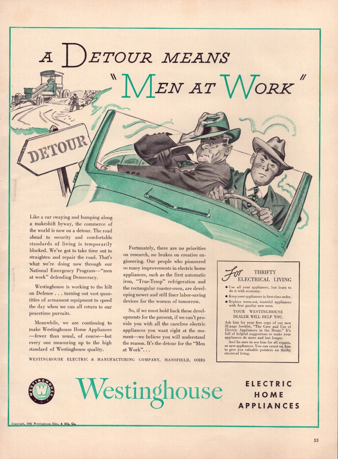 1942 Westinghouse Men at Work Vintage Print Ad WWII Electric Home Appliances