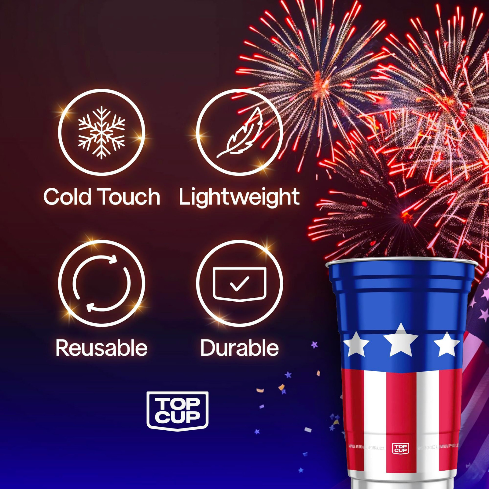 Top Cup America’s 250th Birthday 20 oz Reusable 20oz – 20pk, Red, White, Blue