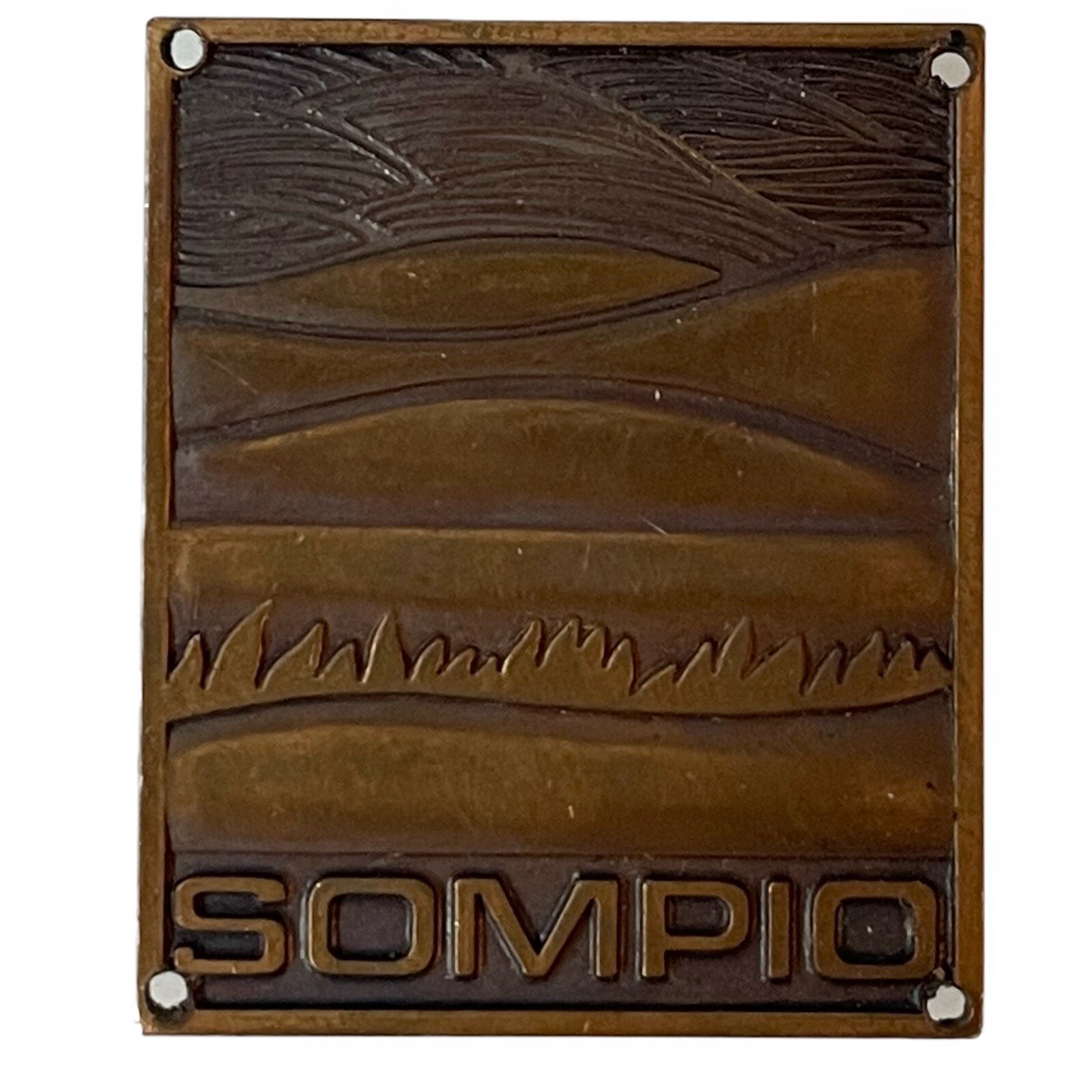 Sompio Finland ID Tag Nameplate Brass Brush Metal Tiny measures 1 x 1.25 inches