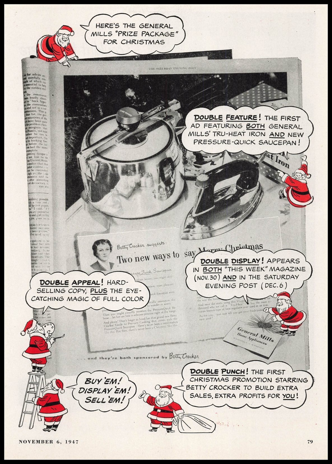 1947 General Mills Home Appliances Christmas Gifts Santa Claus Vintage Print Ad