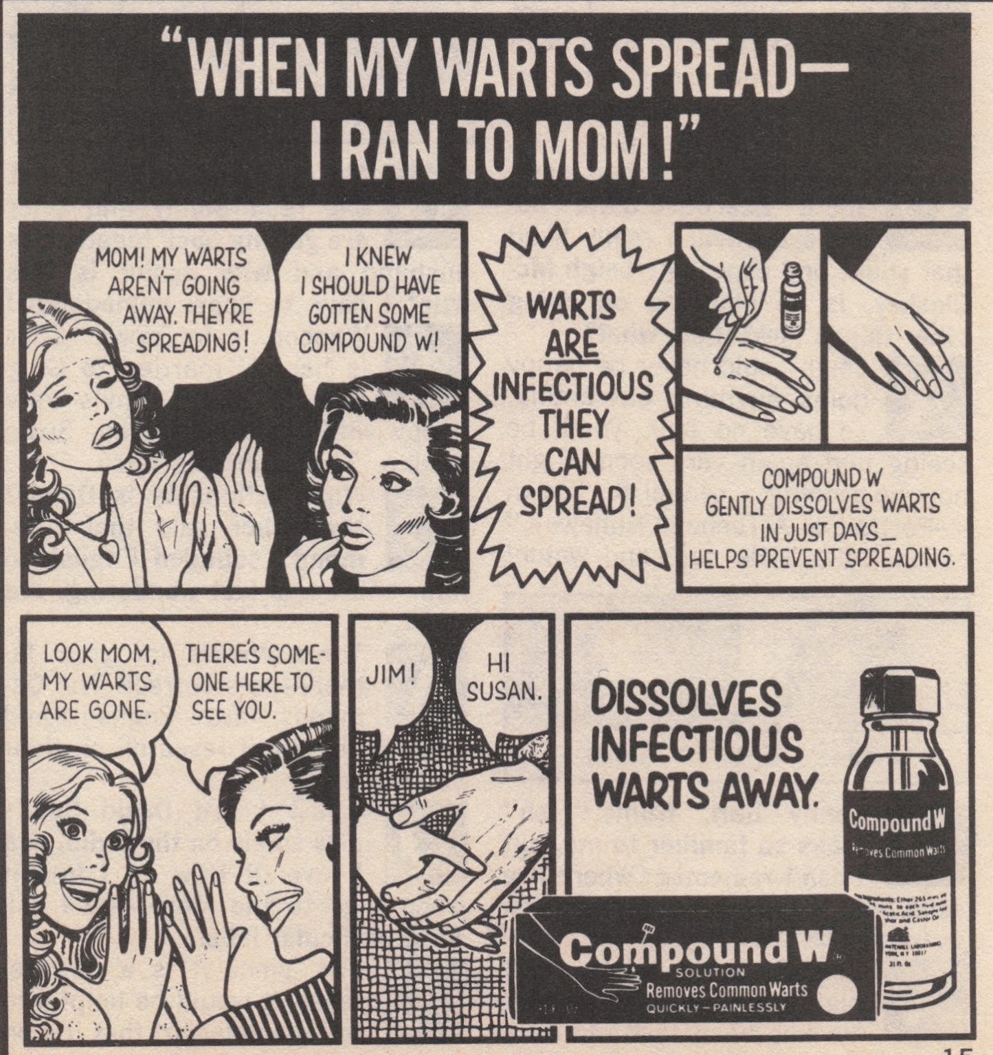 Vintage Compound W Magazine Ad 1970s Warts Infectious Comic Strip Style
