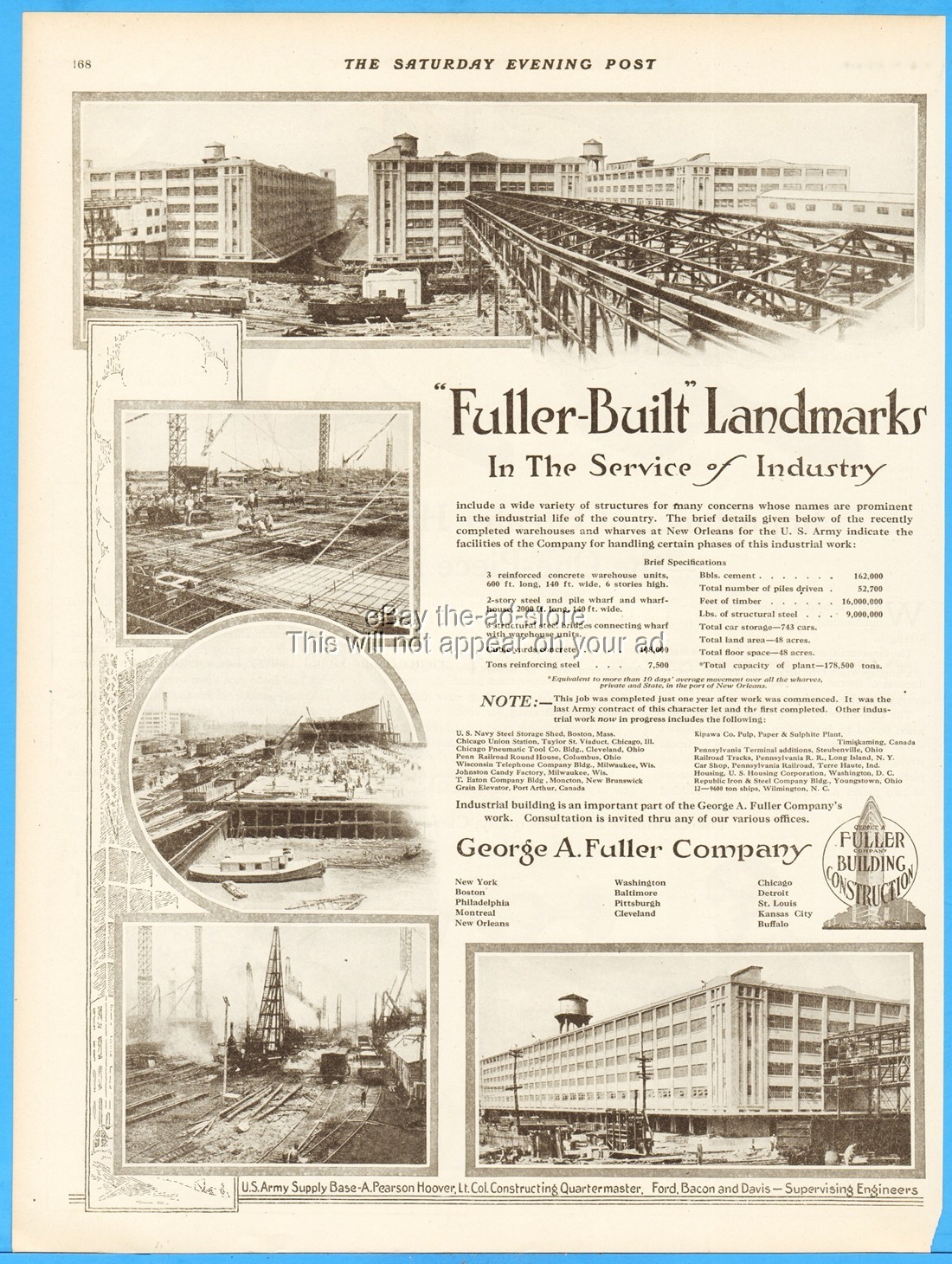 1919 US Army Supply Base New Orleans LA Antique Print Ad George A Fuller Co