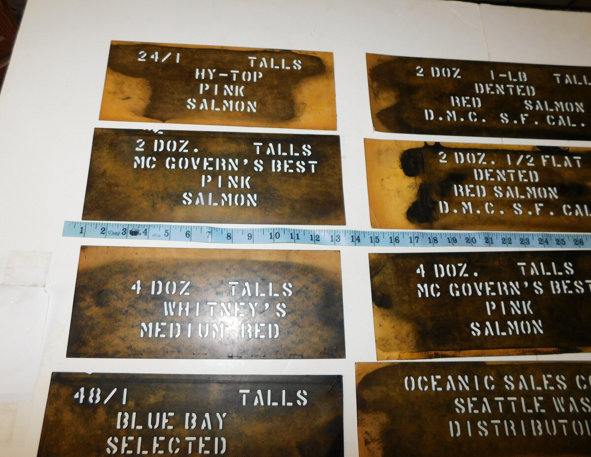 Vintage Brand Salmon Label Tin Can Box Crate Stencil Lot of 16 Alaska – Others