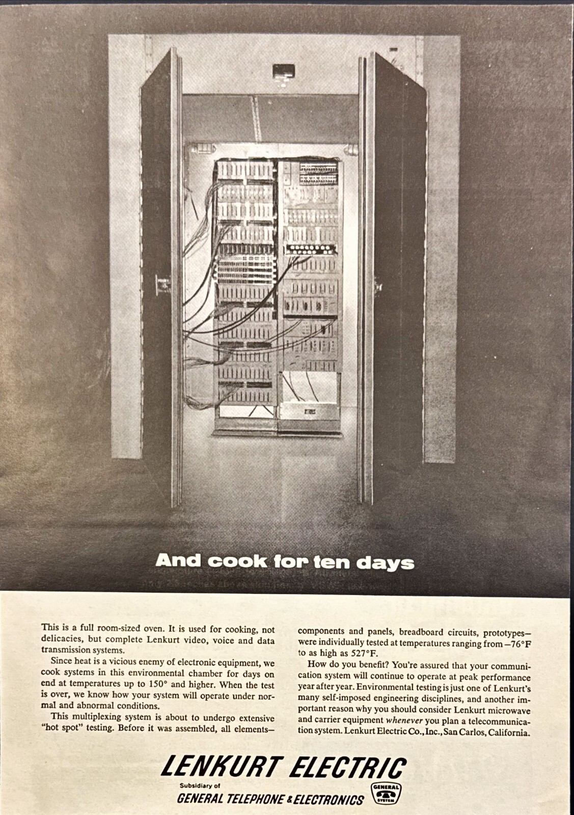 Lenkurt Electric GTE Room Size Oven for Testing Telecom Systems Print Ad 1963