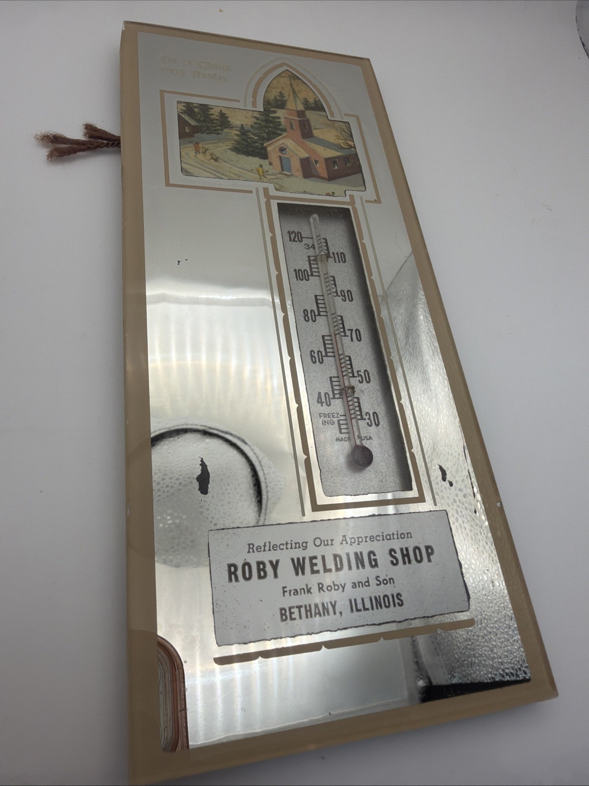 Vtg Advertising Thermometer Mirror Frank Roby Welding Shop Bethany, Illinois