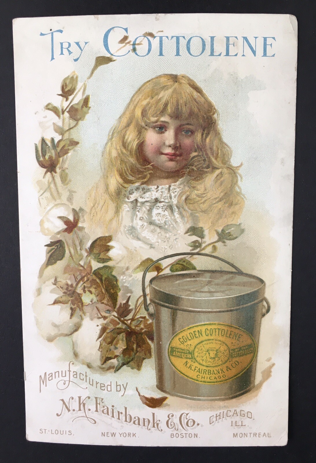 N.K. Fairbank & Co. Chicago Cottolene Trade Card Little Girl & Pail Recipe on Bk
