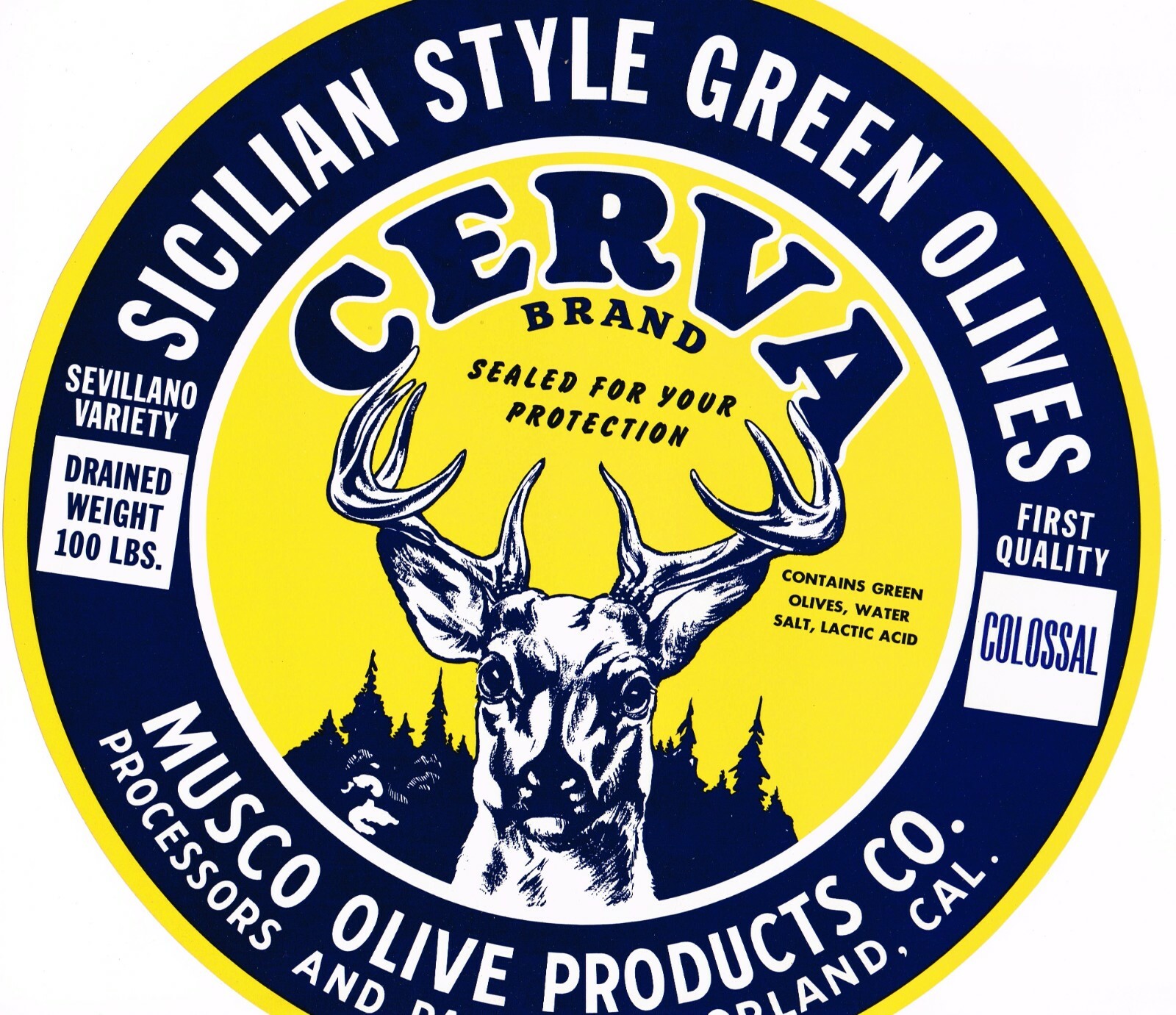 LABEL BARREL ORLAND CALIFORNIA GLENN COUNTY DEER BUCK STAG SICILIAN OLIVES 1950