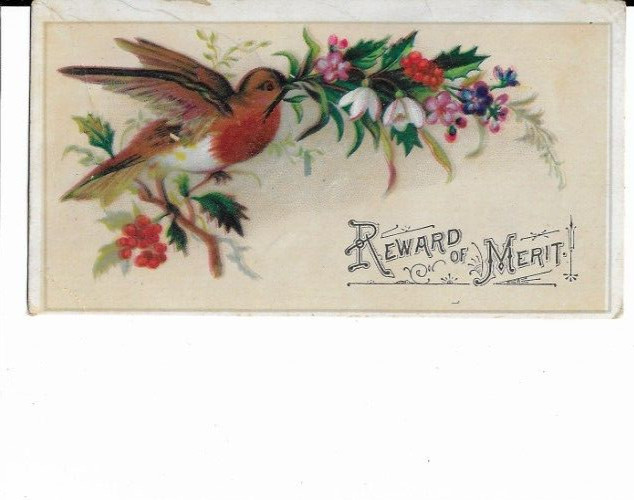 Victorian Antique Trade Card Reward of Merit Bird w/ Tree Branch Flower Bouquet