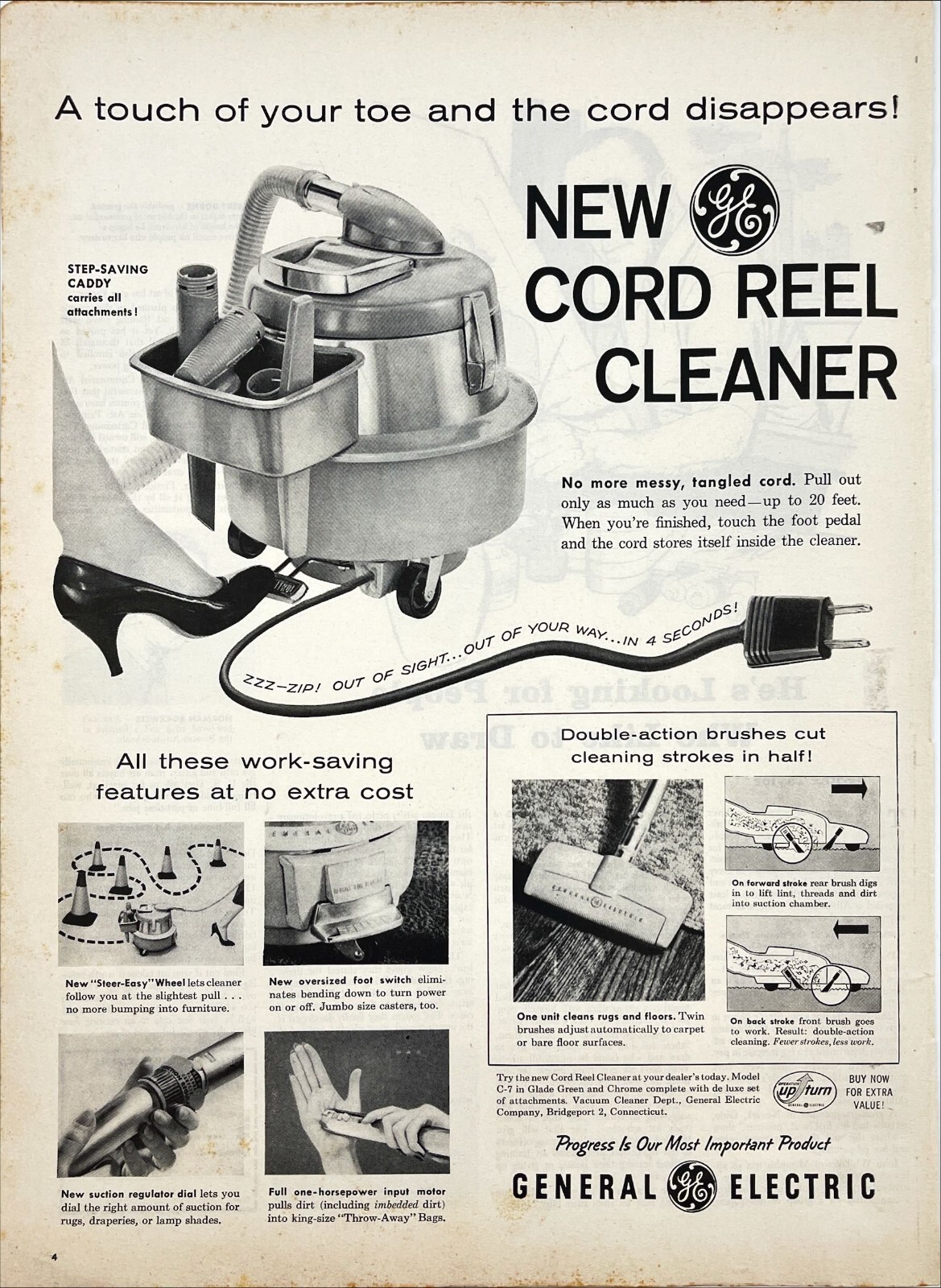 GE General Electric Vacuum Cord Reel Mechanism Cleaner Caddy Vtg Print Ad 1958