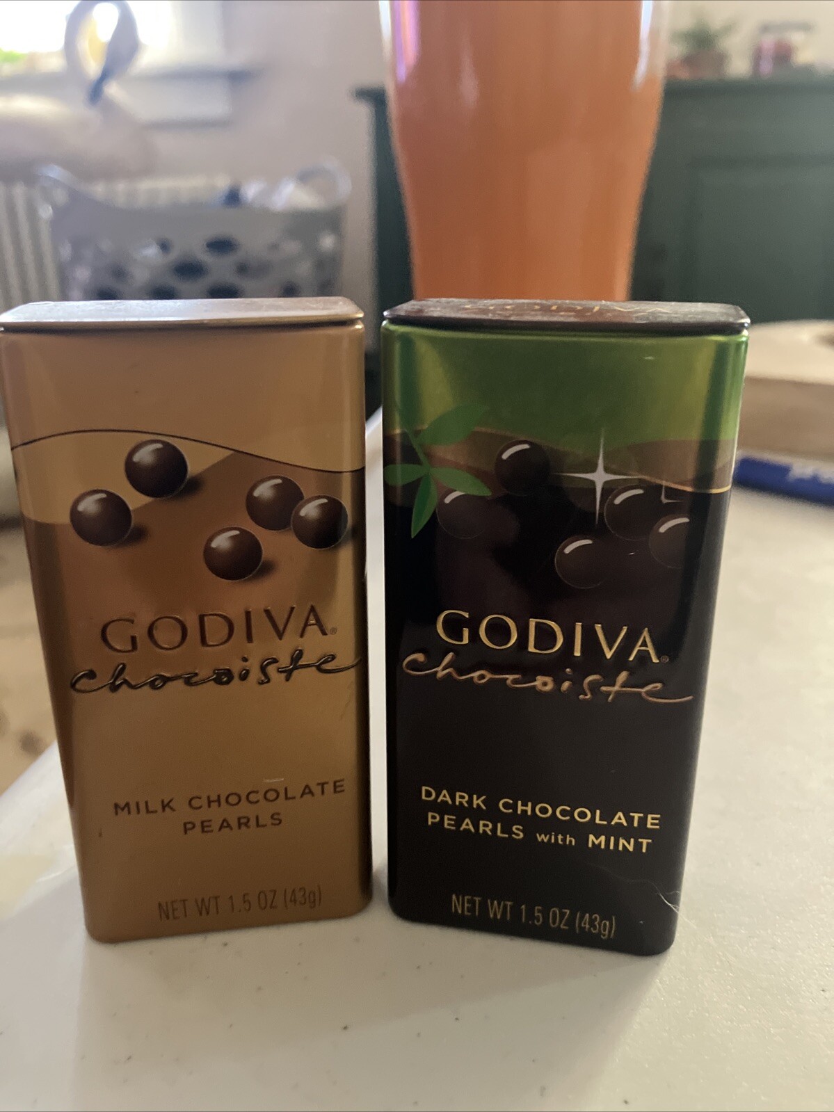 2 Godiva Chocoiste 1.5 Oz Tins Empty Milk Chocolate Pearls & Dark Chocolate