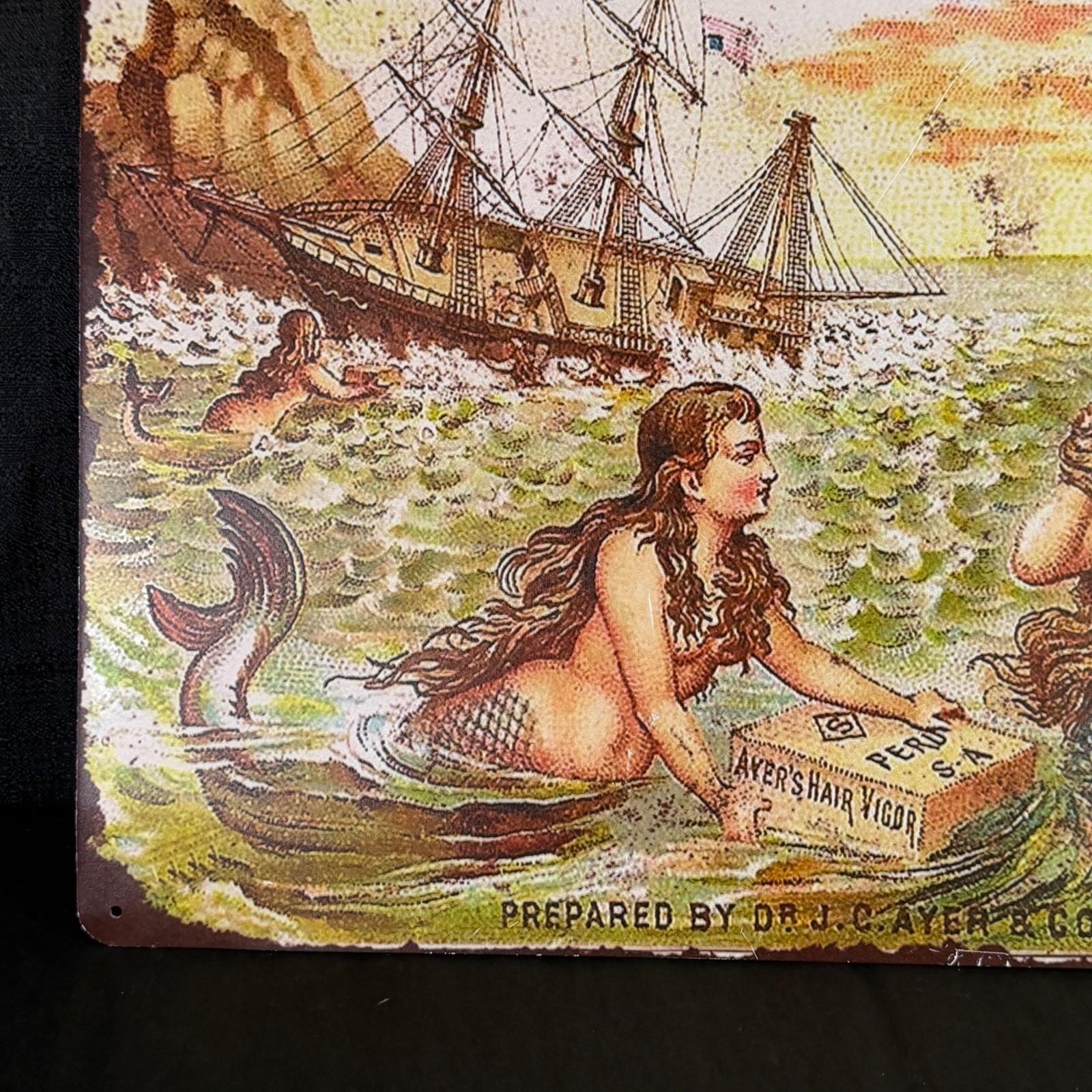 Tin Metal Sign Reproduction AYER’s HAIR VIGOR Lowell MA Mermaids 17 5/8″L