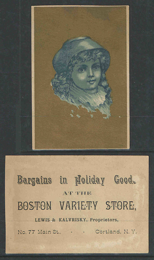 1880s BOSTON VARIETY STORE LEWIS & KALVRISKY CORTLAND NY VICTORIAN TRADE CARD #1