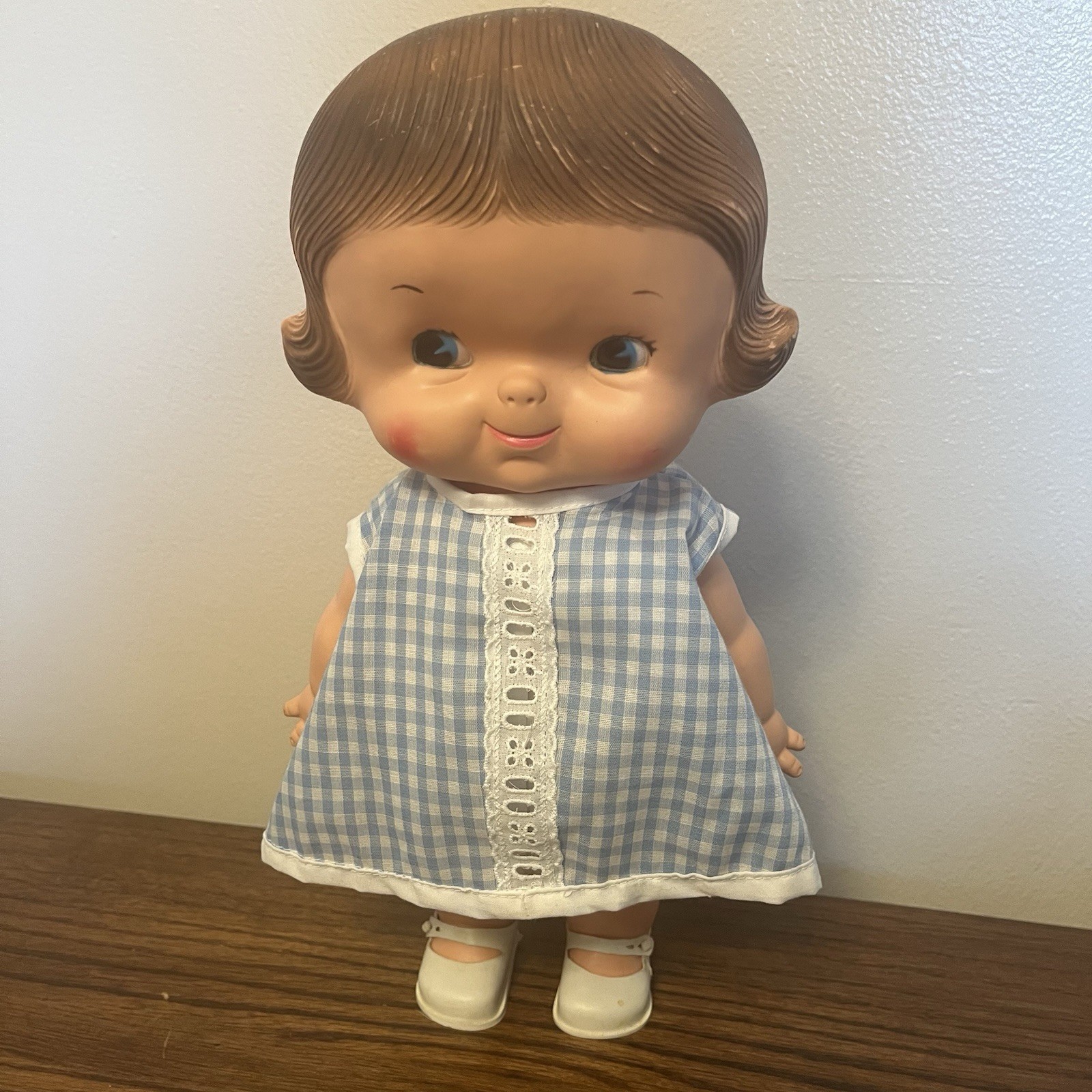 Vtg Uneeda Campbell’s Soup Kid Vinyl Girl Doll #214 Flatsy 1974 13″ Gingham