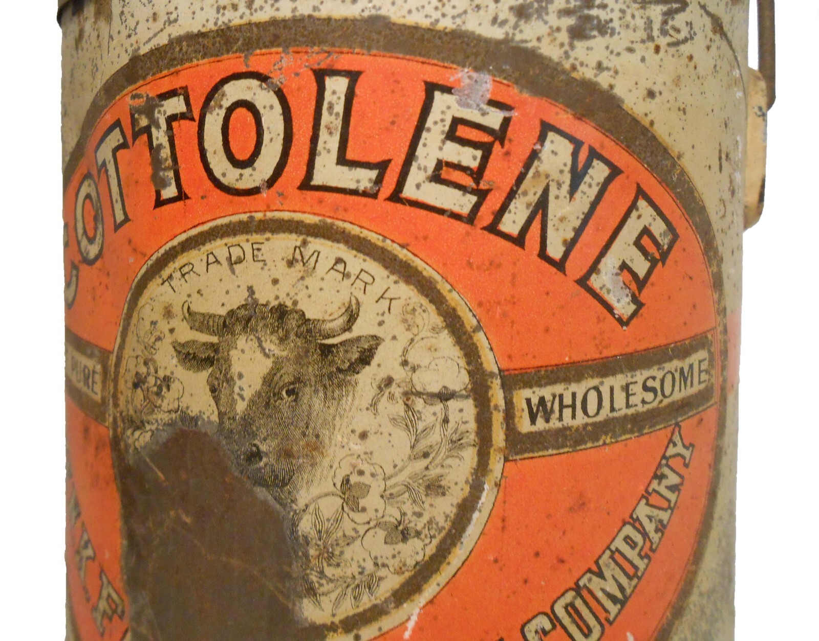 COTTOLENE EARLY 20TH C SM LITHO’D ENML TIN PAIL W/LID, WIRE HNDL N K FAIRBANK CO