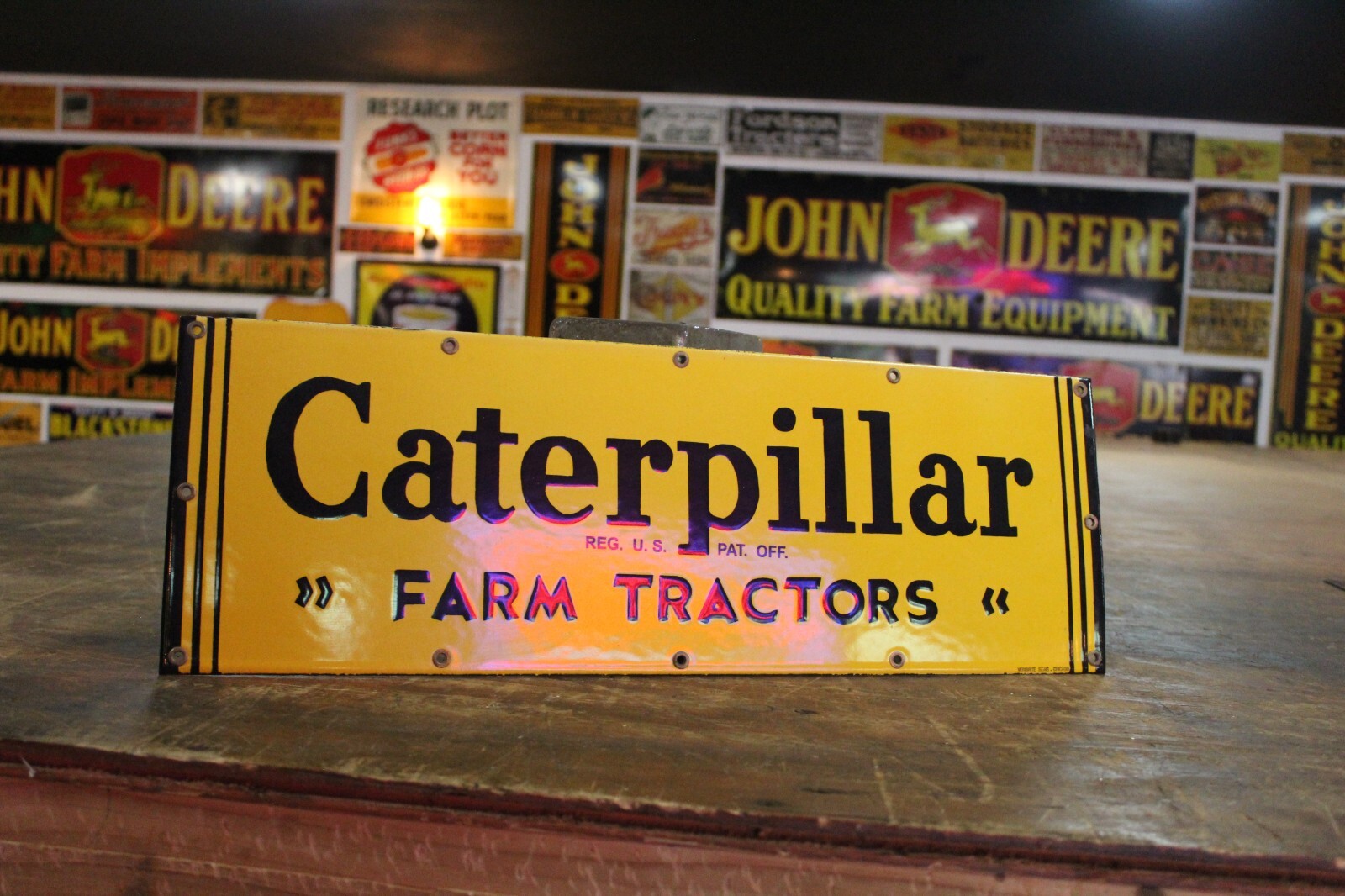 RARE 24″ CATERPILLAR FARM TRACTORS DEALER PORCELAIN METAL SIGN BARN DEERE PIG IH