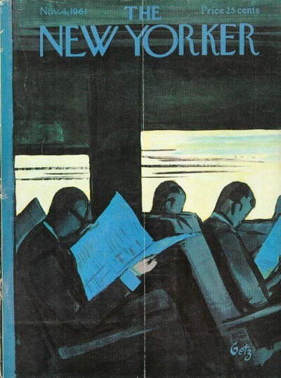 1961 New Yorker Magazine COVER ONLY Arthur GETZ ART Men Reading on Subway