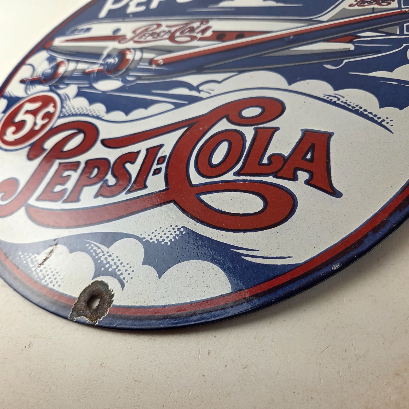 Vintage Pepsi Porcelain Sign – 5 Cent Airplane Ad Drink Soda Cola Sign