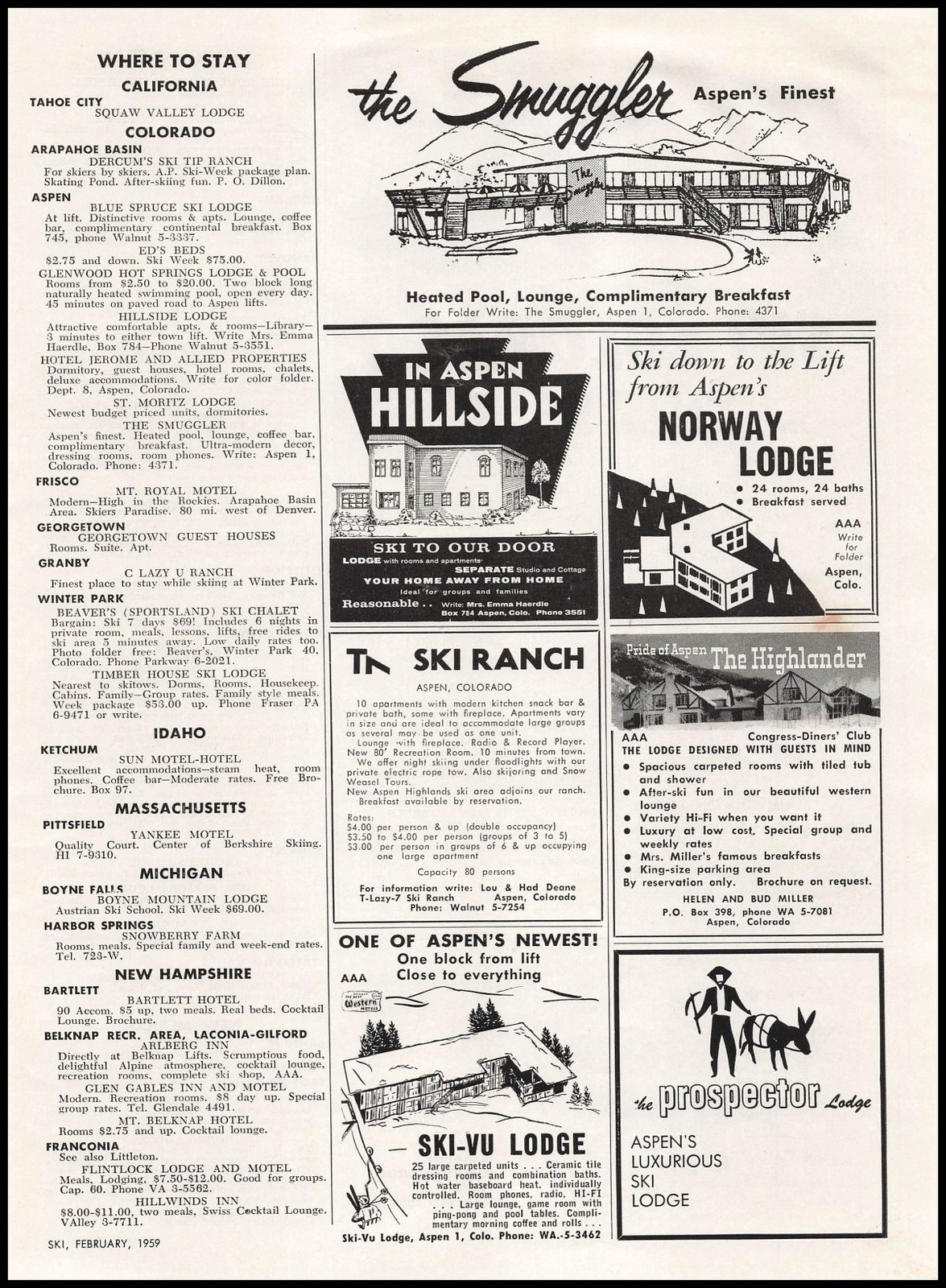 1959 The Highlander Snow Ski Lodge Aspen Colorado Helen & Bud Miller Print Ad