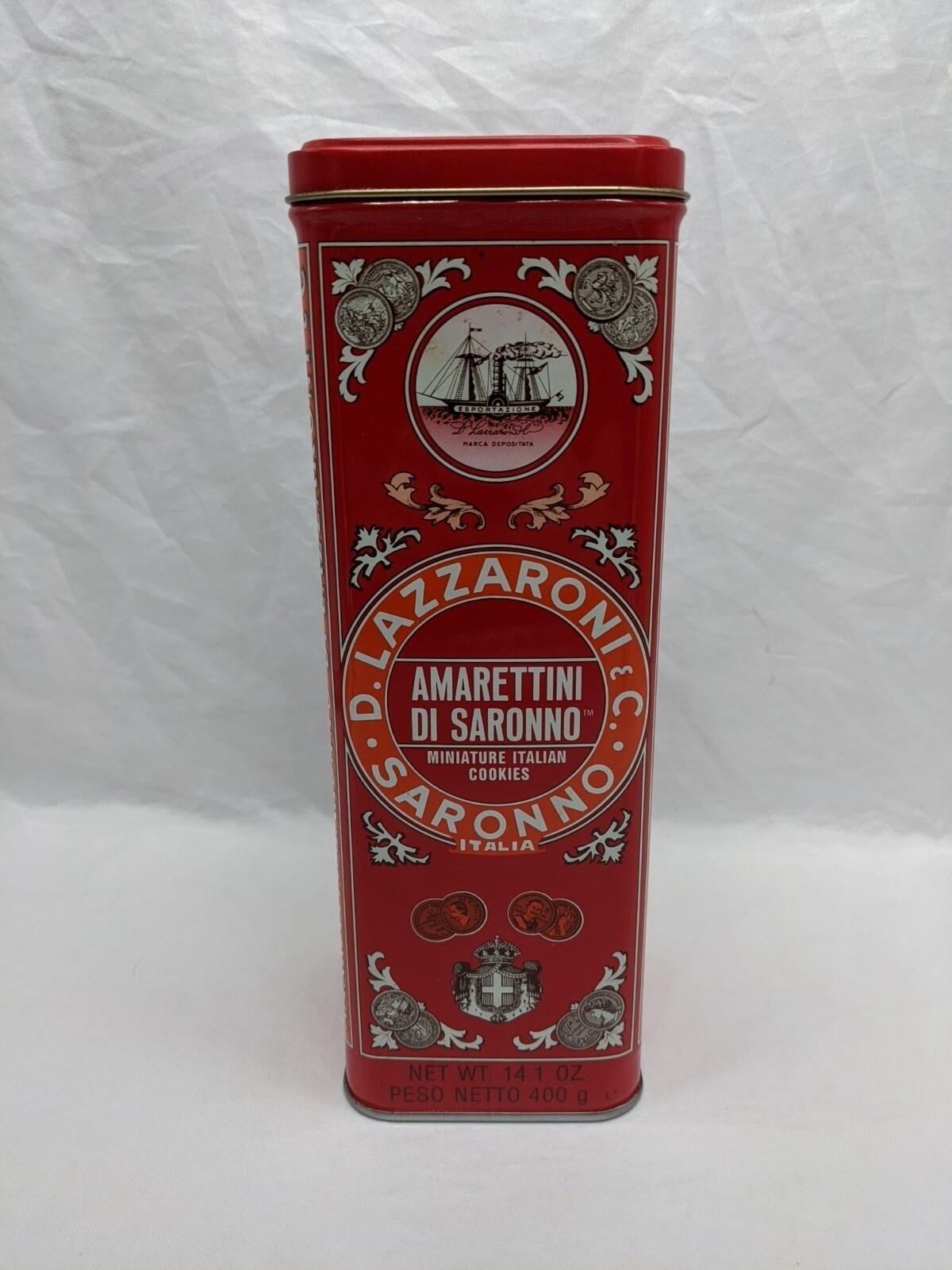 **EMPTY TIN** Amarettini Di Saronno Biscotti Cookie Tin 3 1/2″ X 3 1/2″ X 10″