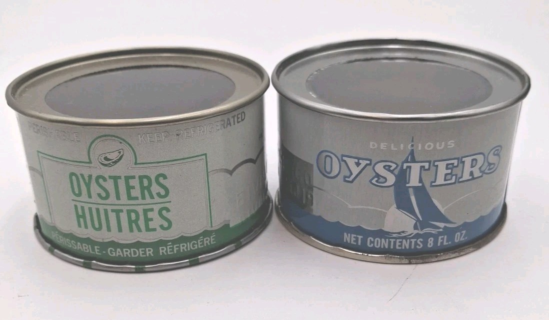 Vintage Oyster Tin Can Fresh Raw Oyster Bivalve, NJ NOS 8oz Tins Lot of 2