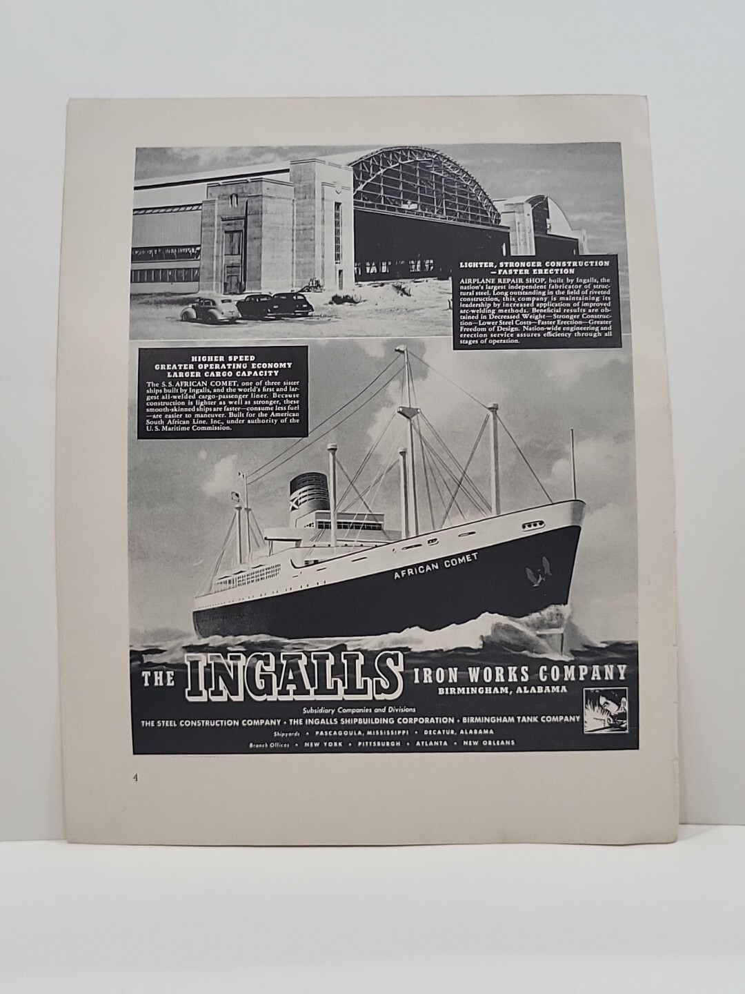 1942 The Ingalls Iron Works Company Fortune WW2 Print Ad Q1 Ship Airplane Hangar