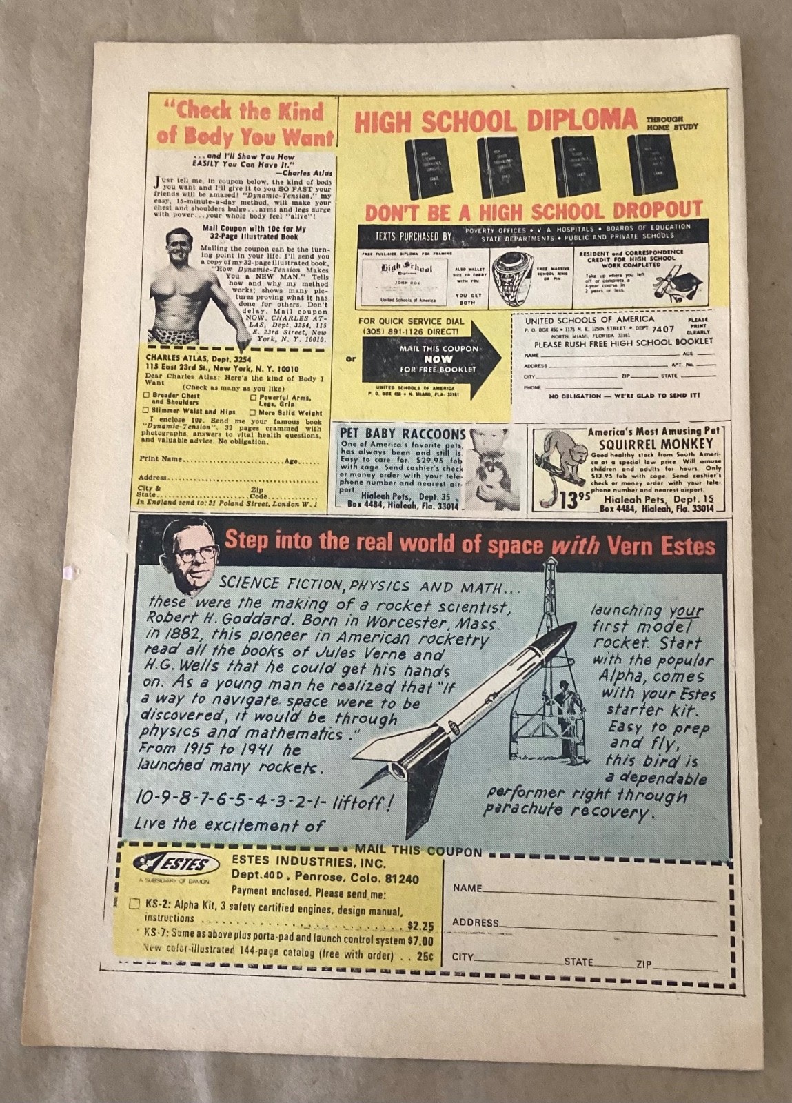 Vern Estes rocket 1974 print ad comic art promo retro toy mail order + Diploma