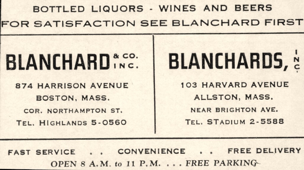c1948 Blanchards Liquor Beer Allston MA Ink Blotter Ad Harvard Ave Wine Bottled