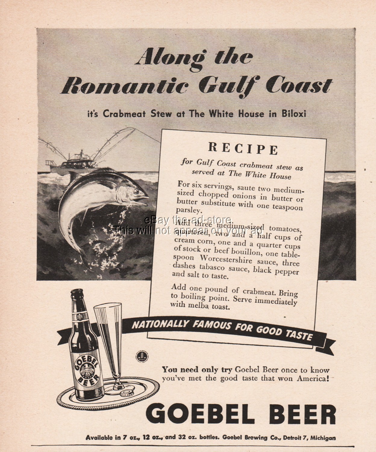 1944 Goebel Beer Detroit MI Crabmeat Stew The White House Biloxi Mississippi Ad