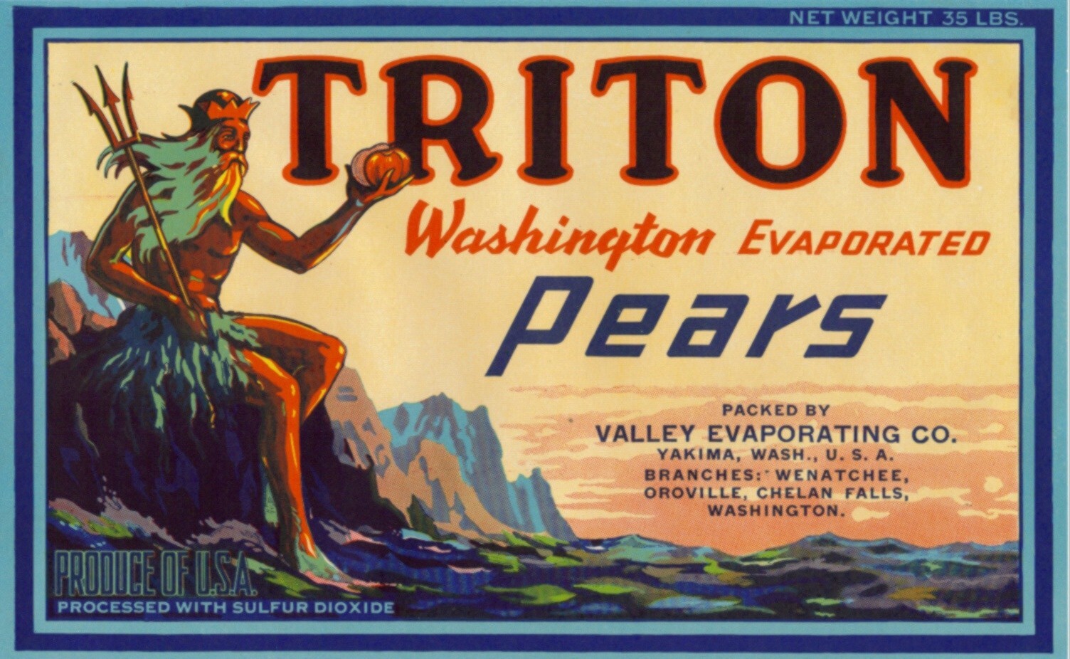 Original TRITON pear crate label Valley Evaporating Yakima Washington Neptune