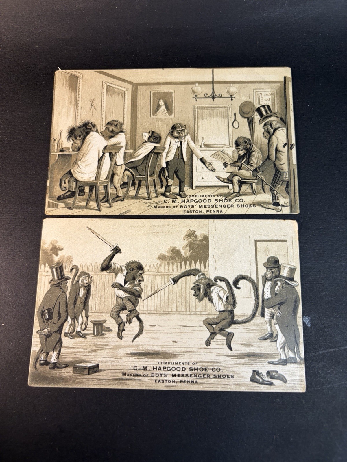 2 Victorian Trading Cards With Anthropomorphic Monkeys Hapgood Shoe Company