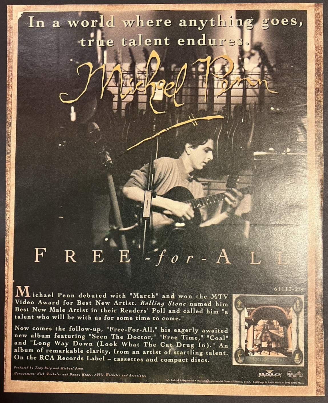 Vtg 1990s AD-Michaels Penn Free-for-All-Album Promo-The Talent Endures