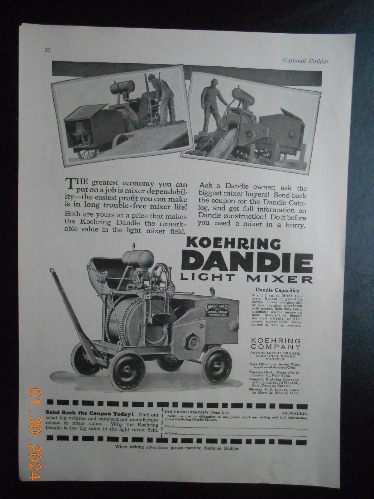 1924 C.H. & E. Manufacturing CO Milwaukee WI print AD Koehring CO Dandie Mixer