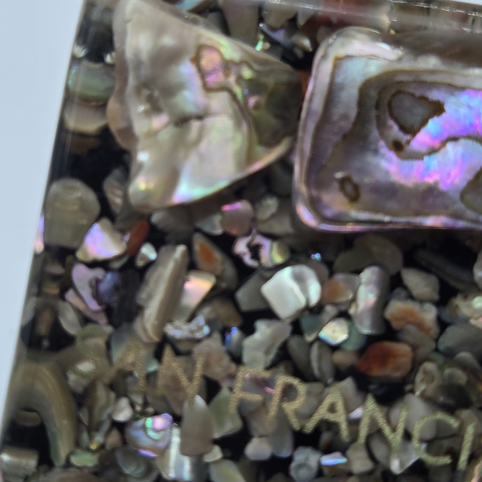 Vtg Abalone Seashell Paperweight Lucite Block Thermometer SAN FRANCISCO 4×3