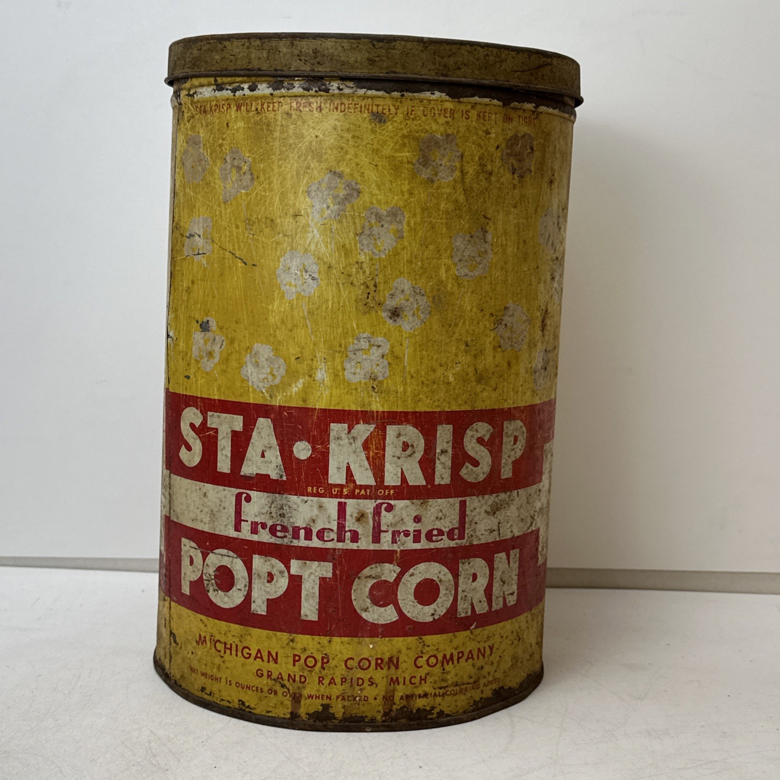 Sta Krisp 15 Oz Tin Empty Popt Michigan Pop Corn Company Grand Rapids Vintage
