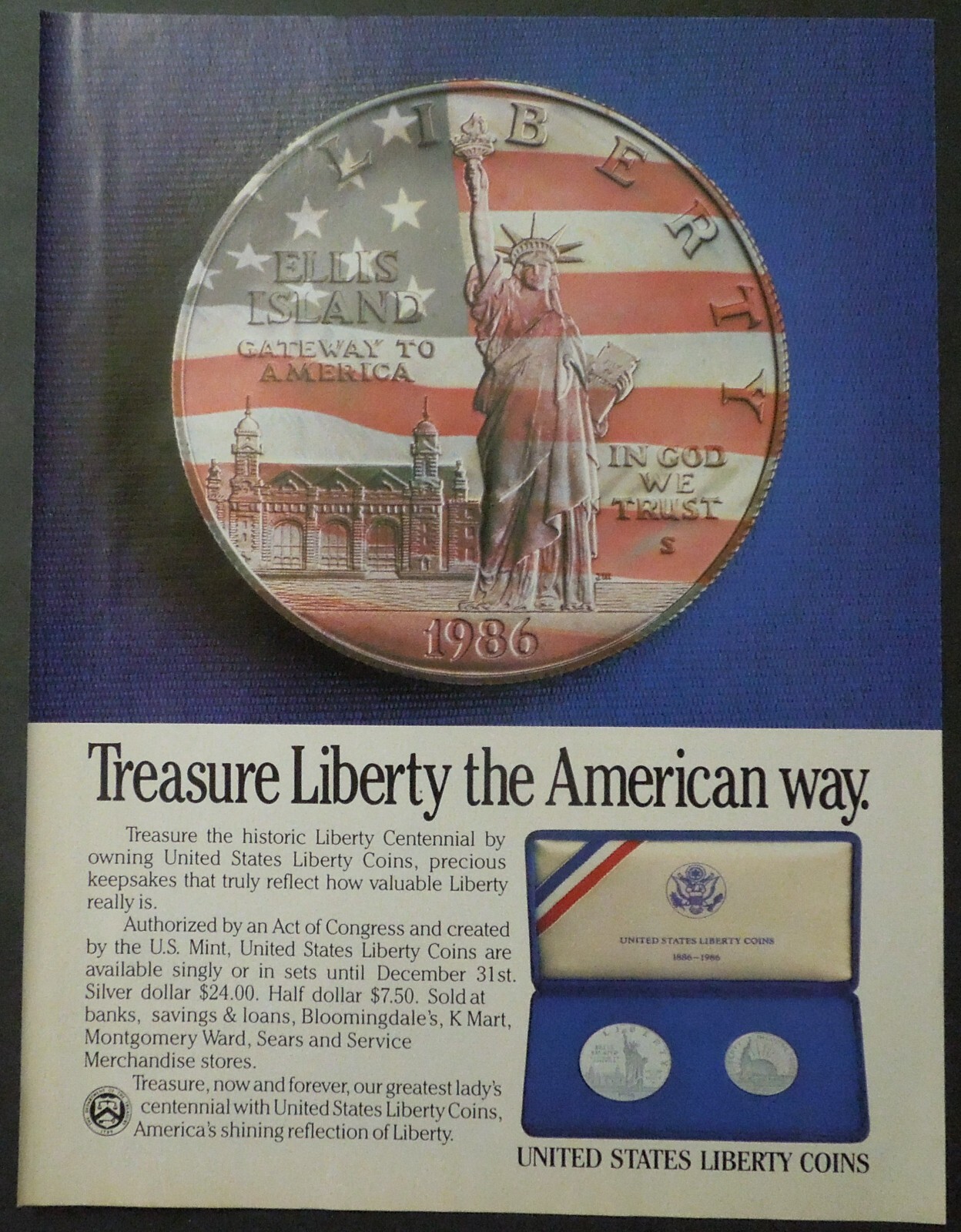 1986 UNITED STATES LIBERTY COINS Magazine Ad – Treasure Liberty, Ellis Island