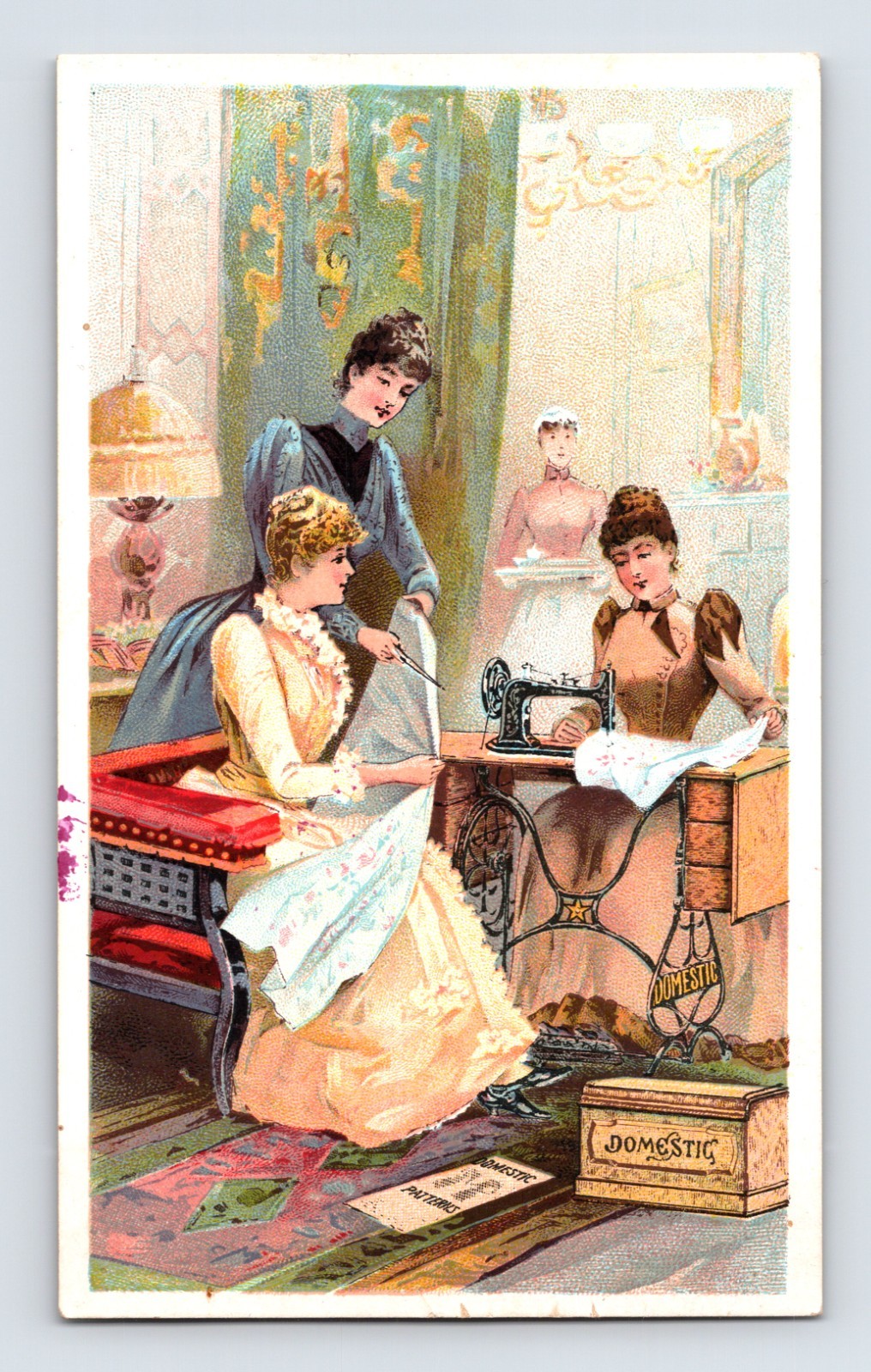 Domestic Sewing Machine Ladies Sewing Interior Scene 1890s Trade Card 3 x 5