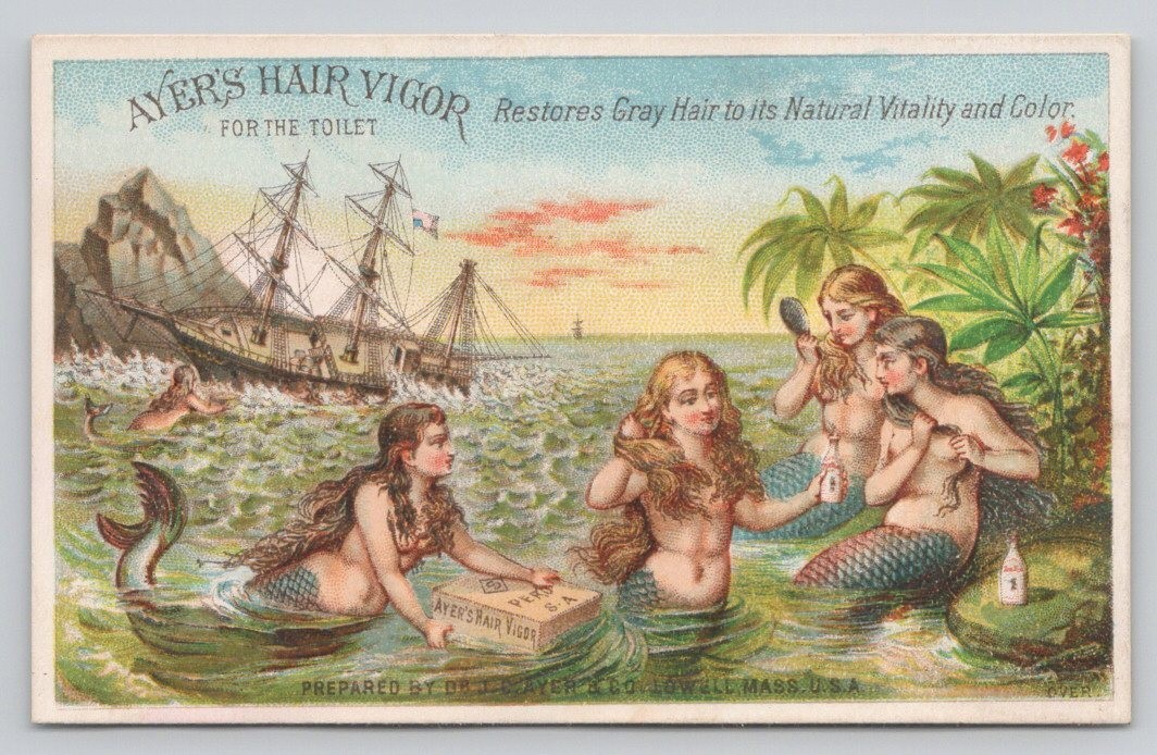 Ayer’s Hair Vigor Restores Gray Hair Mermaids Shipwreck Victorian Trade Card