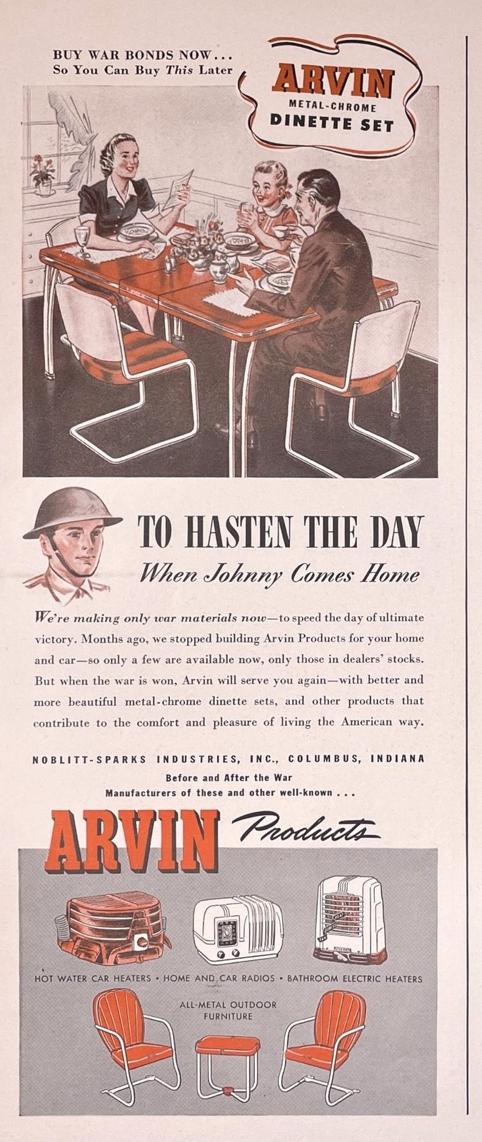 Arvin Metal-Chrome Dinette Set Vintage Print Ad 1942 Columbus In Buy War Bonds u
