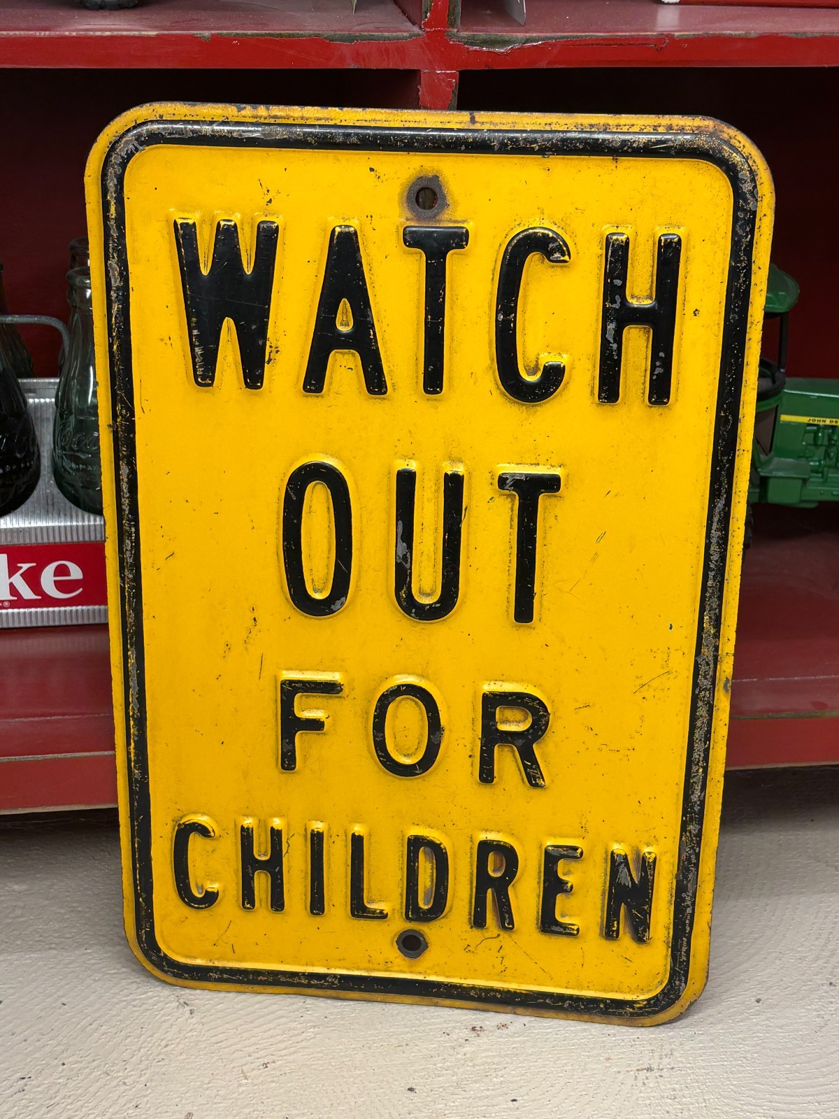 ORIGINAL 1950’s “WATCH OUT FOR CHILDREN” EMBOSSED STEEL STREET SIGN, (18″x 12″)