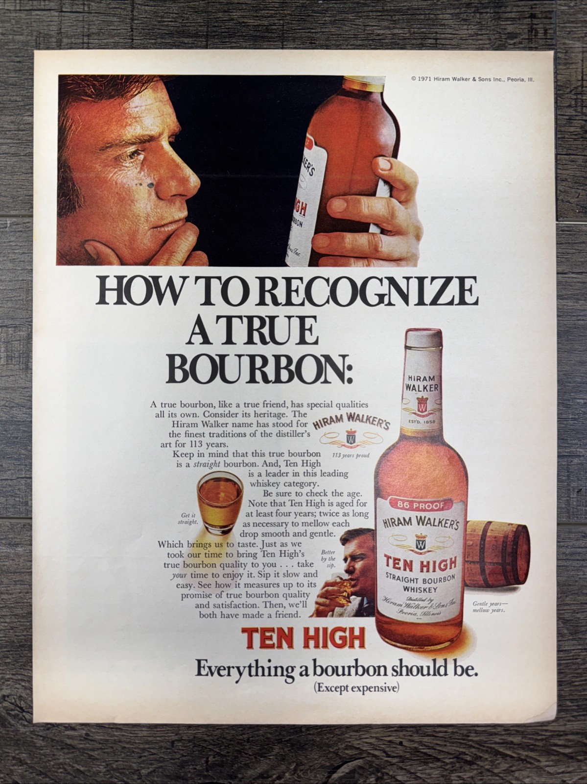 Vintage Hiram Walker’s 86 Proof Ten High Straight Bourbon Whisk Print Ad 1972