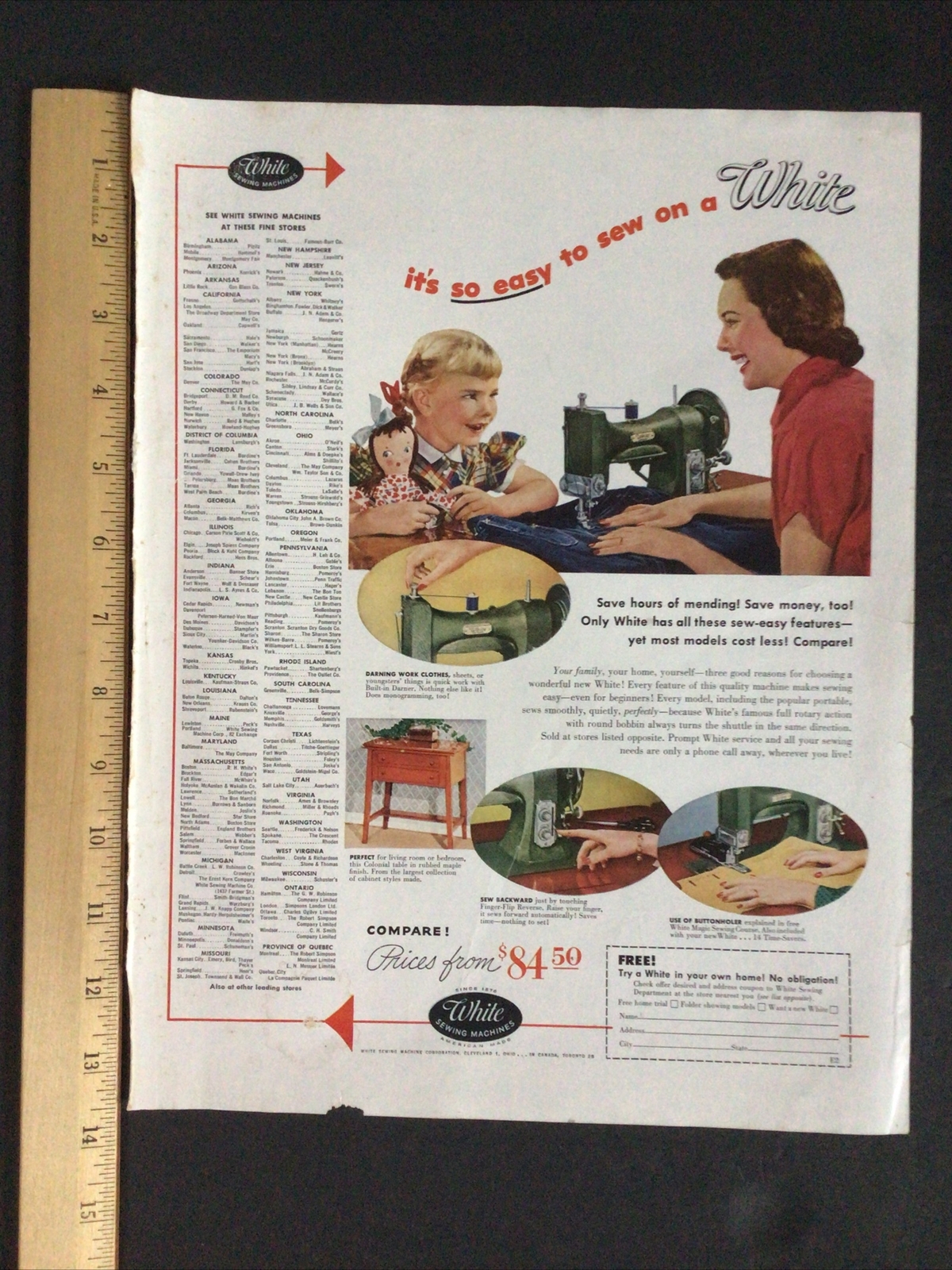 White Sewing Machines Ad Clipping Original Vintage Magazine Print 1952 MCM #2
