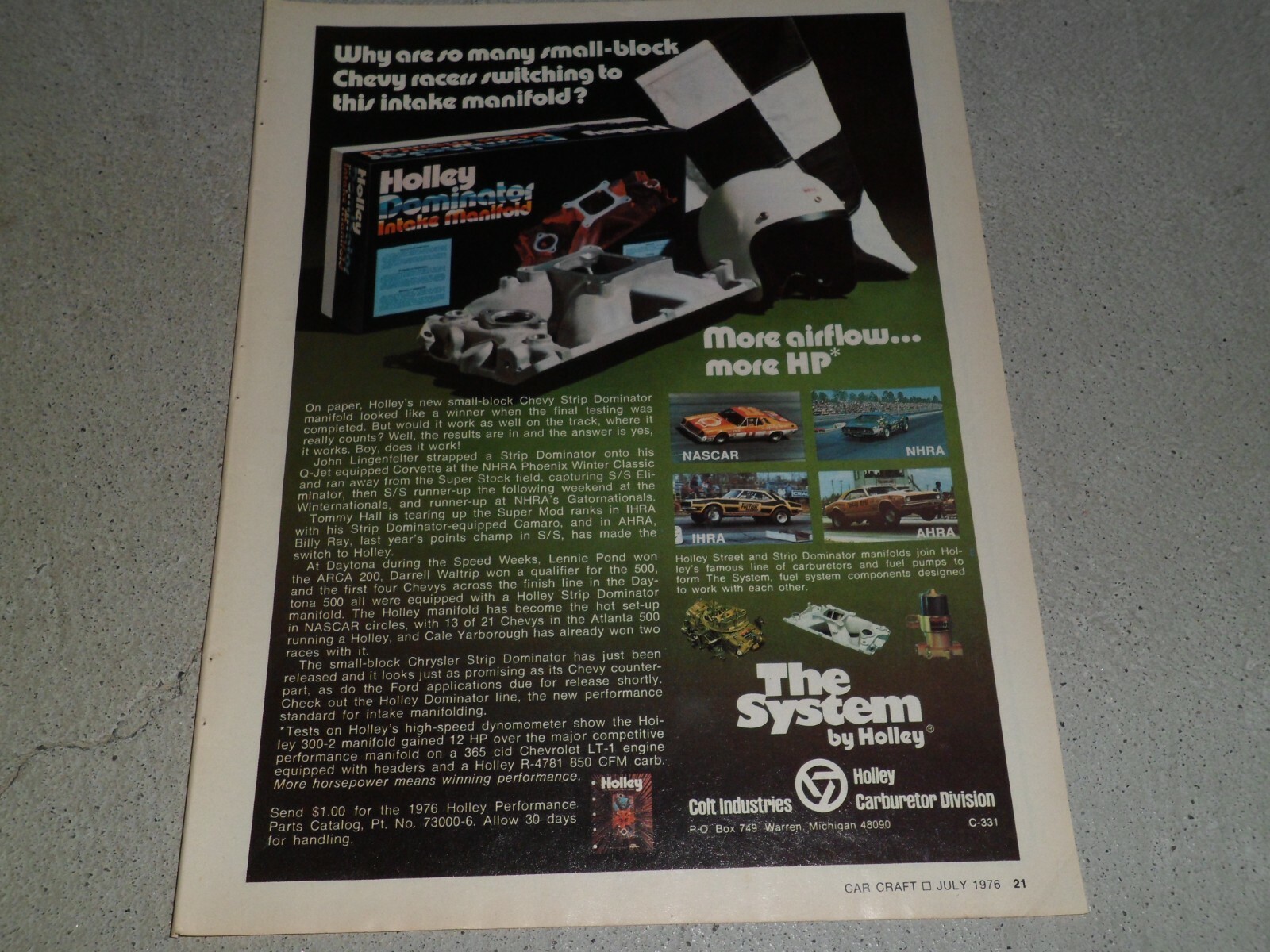 1976 HOLLEY DOMINATOR INTAKE MANIFOLD article / ad